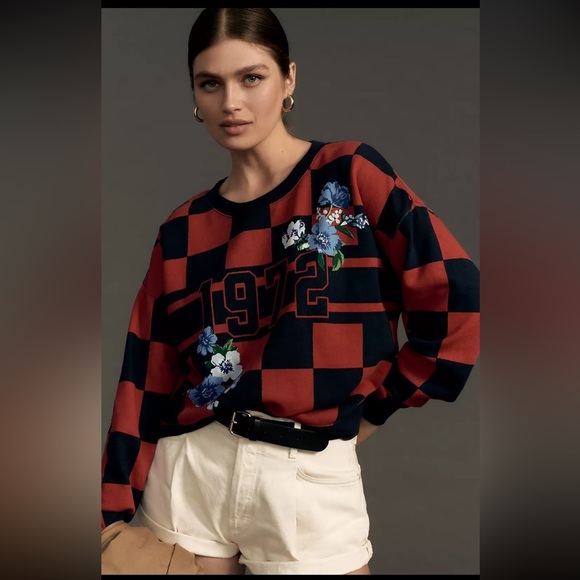 Maeve Tops - Anthropologie Maeve Large Red and Black Checkered Printed Crew Sweatshirt
